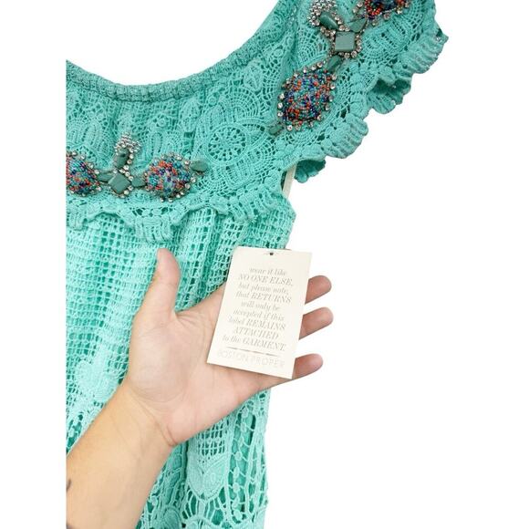 Boston Proper Rhinestone Off The Shoulder High Low Crochet Lace Dress Coastal M - Picture 3 of 13